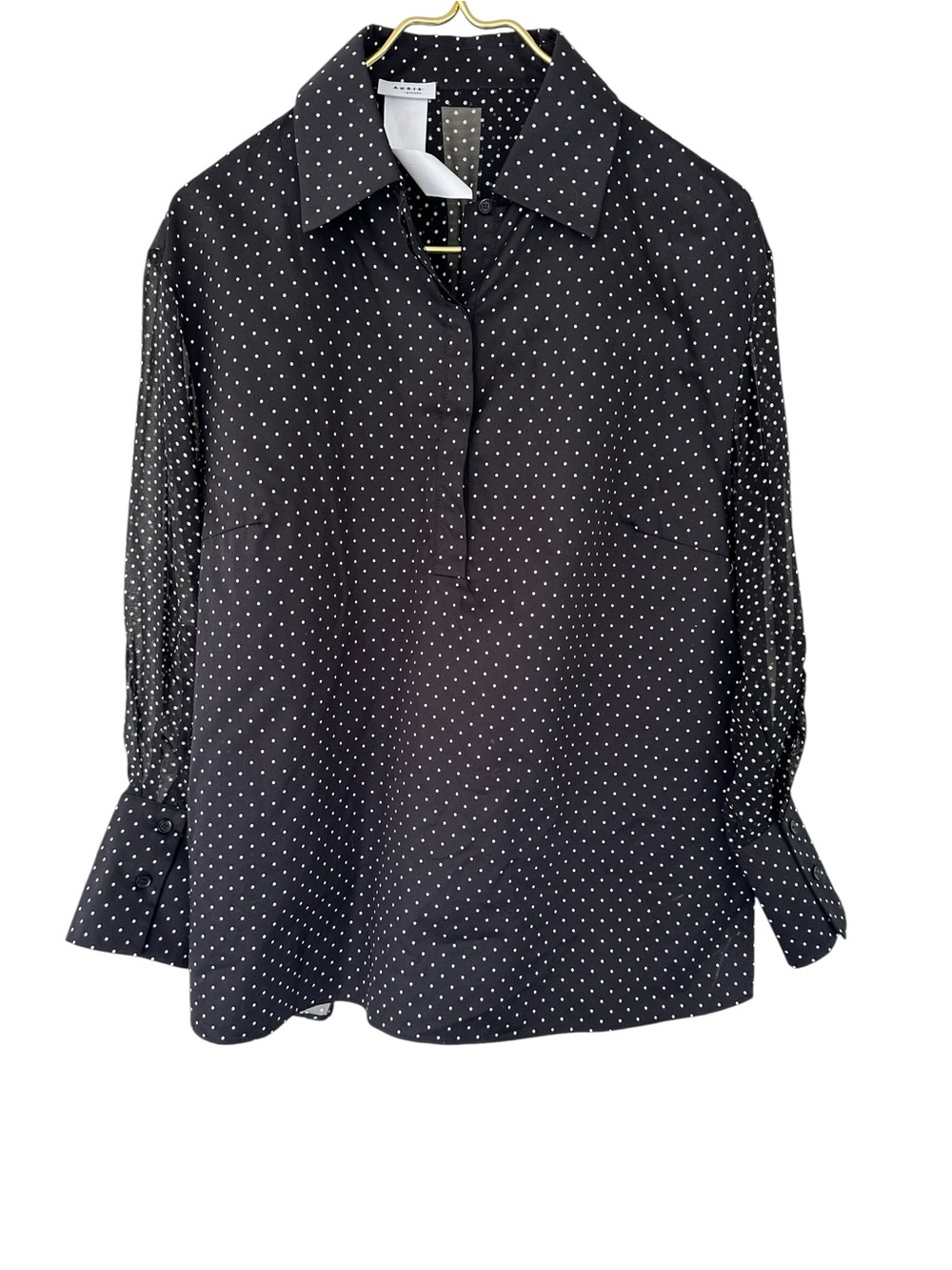 Akris Punto • Black Cotton Viscose Polka Dot Semi Sheer Sleeves Popover Blouse